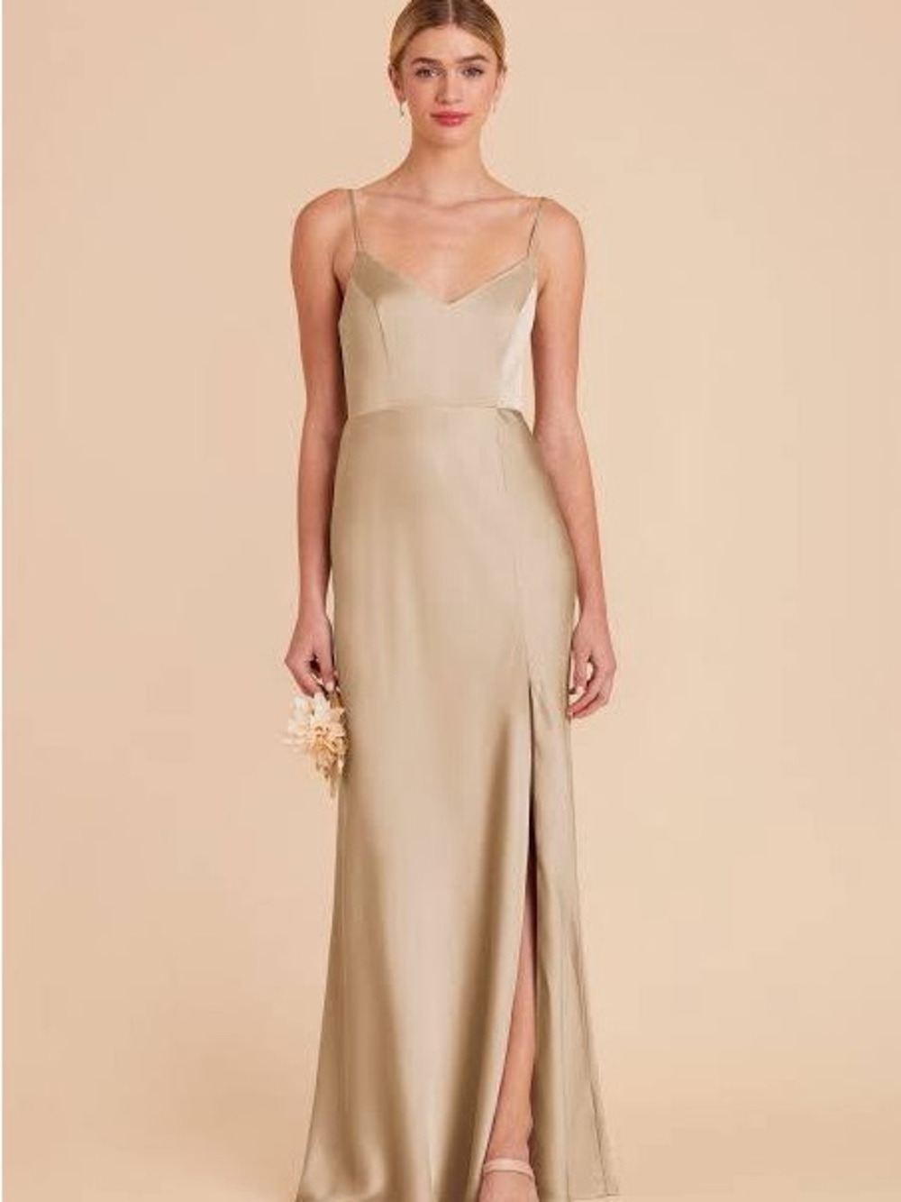 Birdy Grey Champagne Satin Strap Dress with Slit